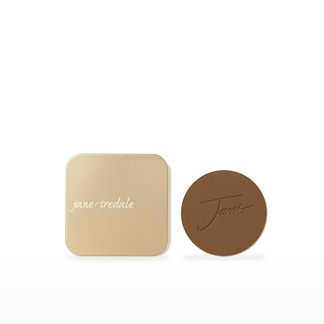 PurePressed Base Refill &amp; Refillable Compact Bundle. Mahogany - dark with neutral brown undertones Ⓥ / Dusty Gold. Included products grouped on white.