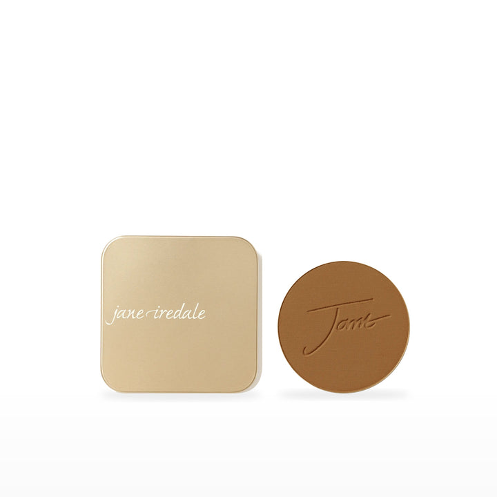 PurePressed Base Refill &amp; Refillable Compact Bundle. Bittersweet - dark bronzed brown with gold/peach undertones Ⓥ / Dusty Gold. Included products grouped on white.