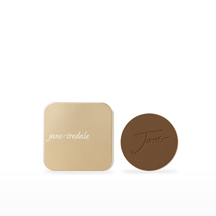 PurePressed Base Refill &amp; Refillable Compact Bundle. Cocoa - deep rich chocolate brown with red/gold undertones Ⓥ / Dusty Gold. Included products grouped on white.