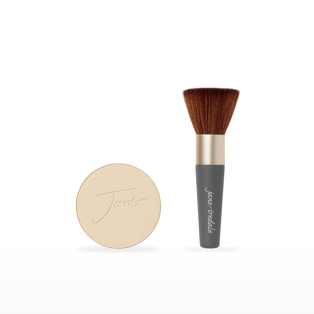 PurePressed Base Refill &amp; The Handi Brush Bundle. Bisque - fair with light gold undertones Ⓥ. Included products grouped on white.