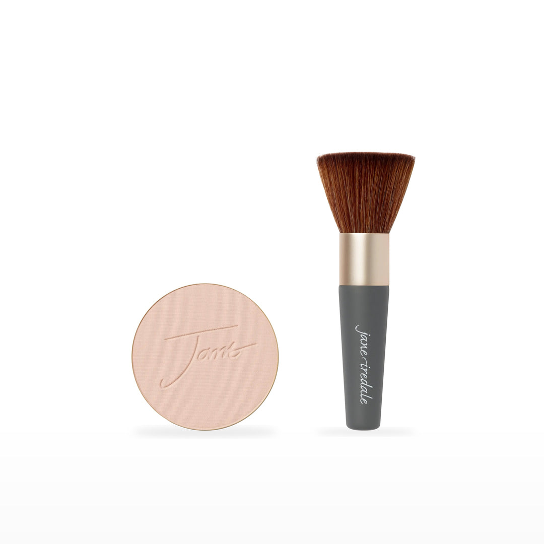PurePressed Base Refill &amp; The Handi Brush Bundle. Light Beige - light with pink/beige undertones Ⓥ. Included products grouped on white.