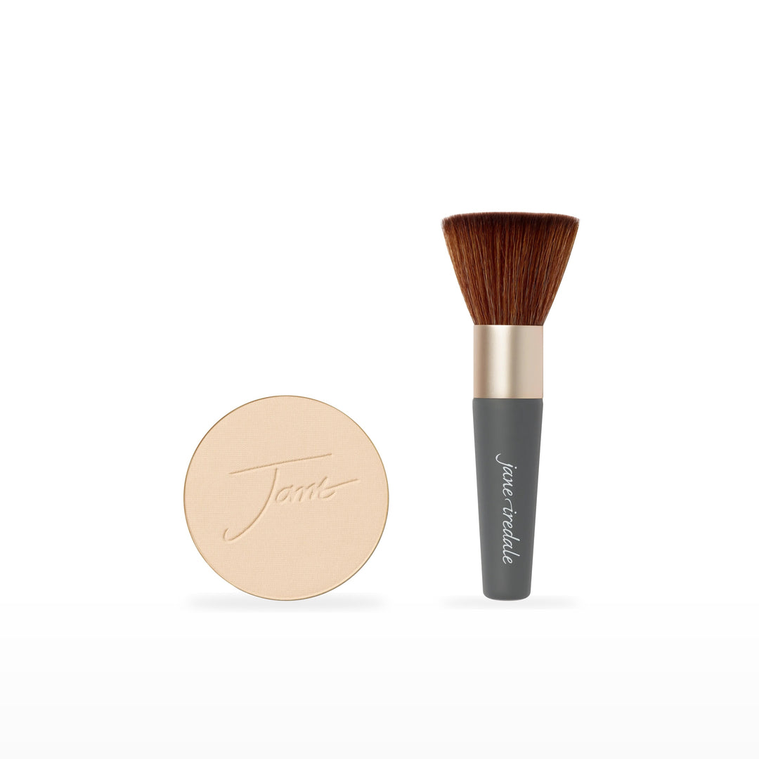 PurePressed Base Refill &amp; The Handi Brush Bundle. Warm Silk - light with gold undertones Ⓥ. Included products grouped on white.