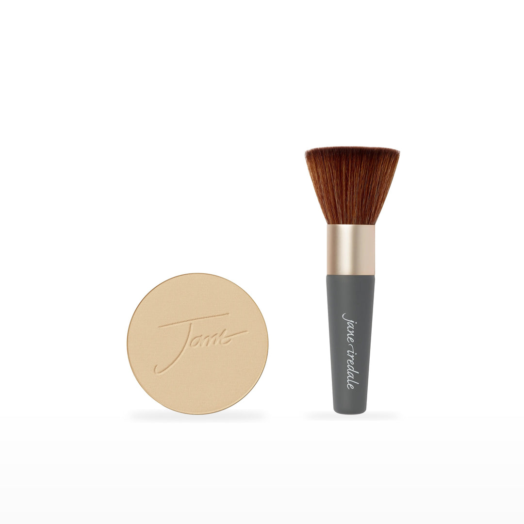 PurePressed Base Refill &amp; The Handi Brush Bundle. Warm Sienna - medium light with strong gold undertones Ⓥ. Included products grouped on white.