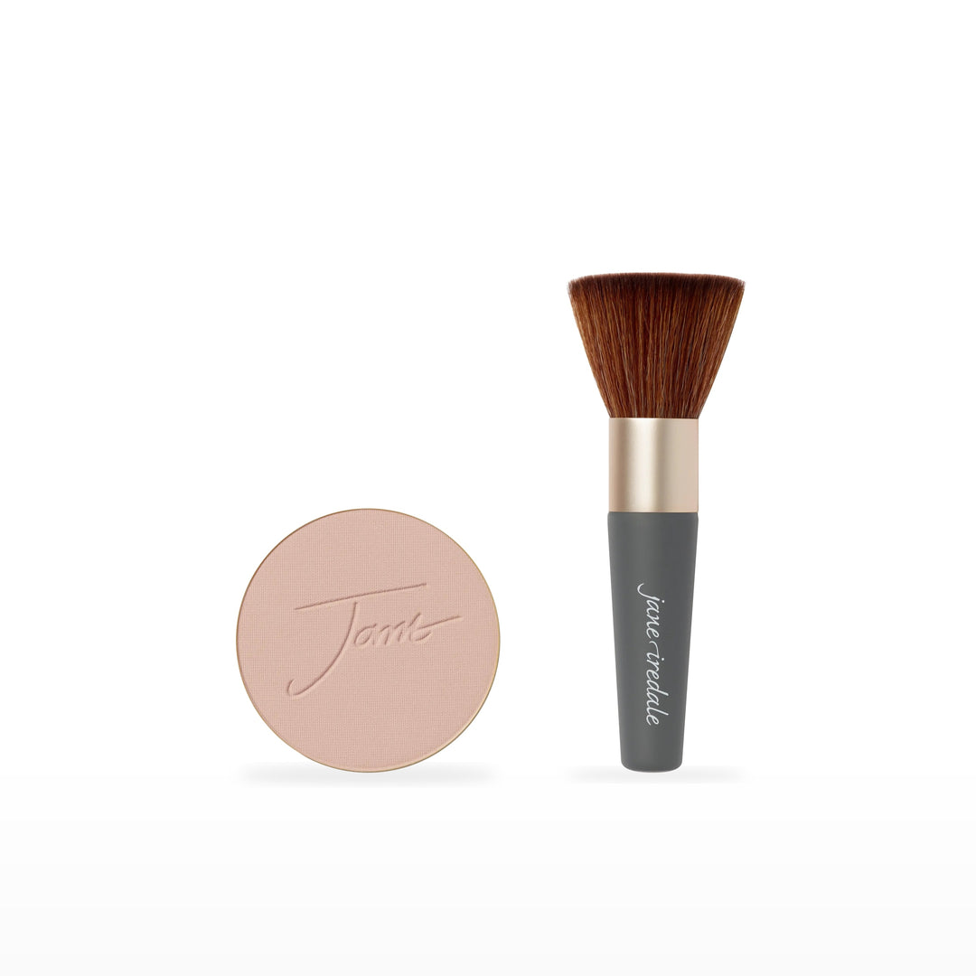 PurePressed Base Refill &amp; The Handi Brush Bundle. Suntan - medium with neutral undertones Ⓥ. Included products grouped on white.