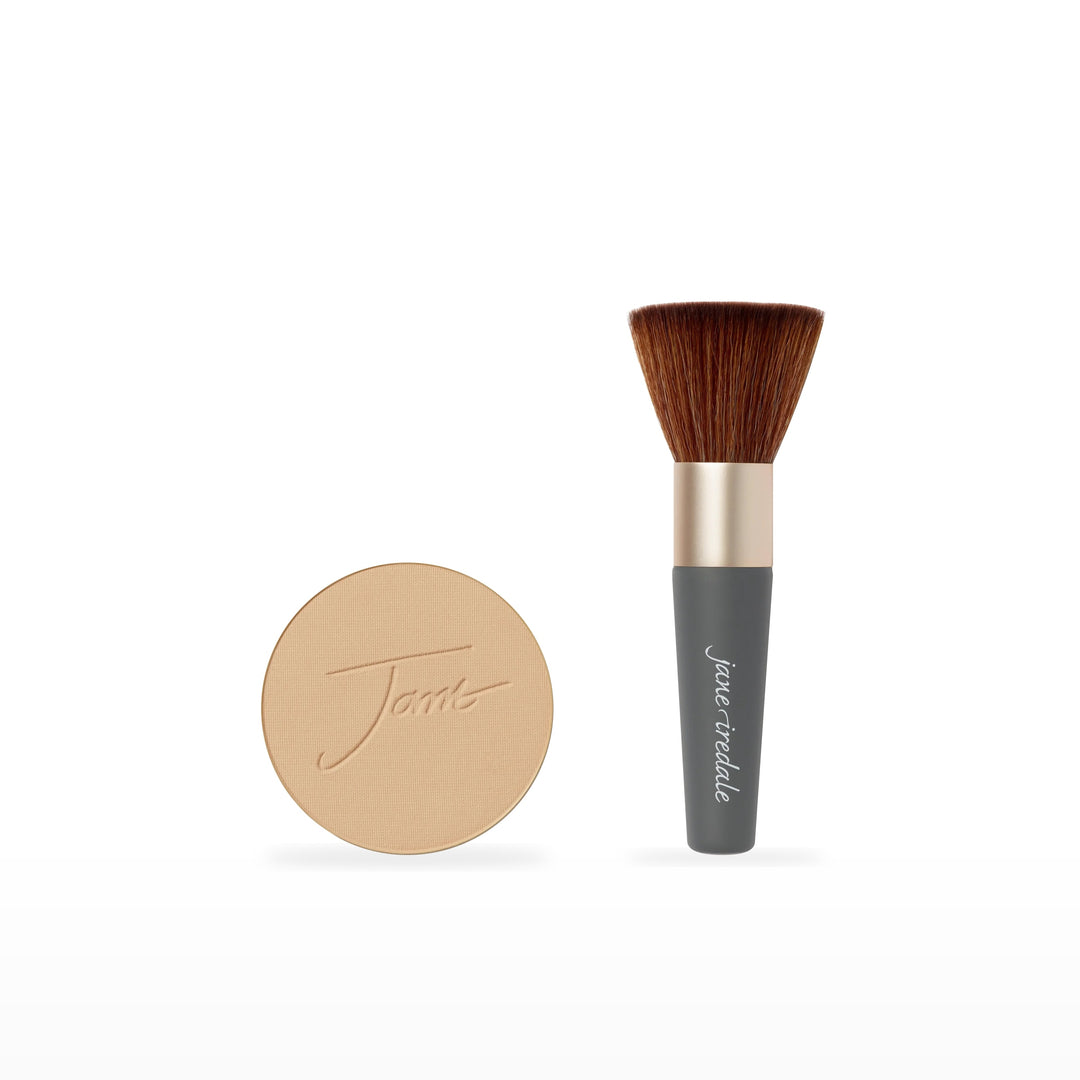 PurePressed Base Refill &amp; The Handi Brush Bundle. Golden Glow - medium with strong gold undertones Ⓥ. Included products grouped on white.