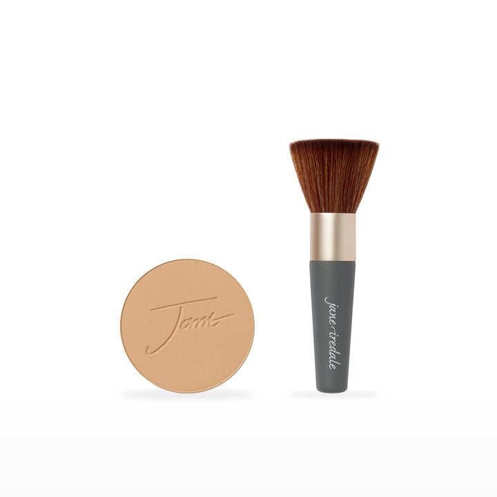 PurePressed Base Refill &amp; The Handi Brush Bundle. Sweet Honey - medium with gold/peach undertones Ⓥ. Included products grouped on white.