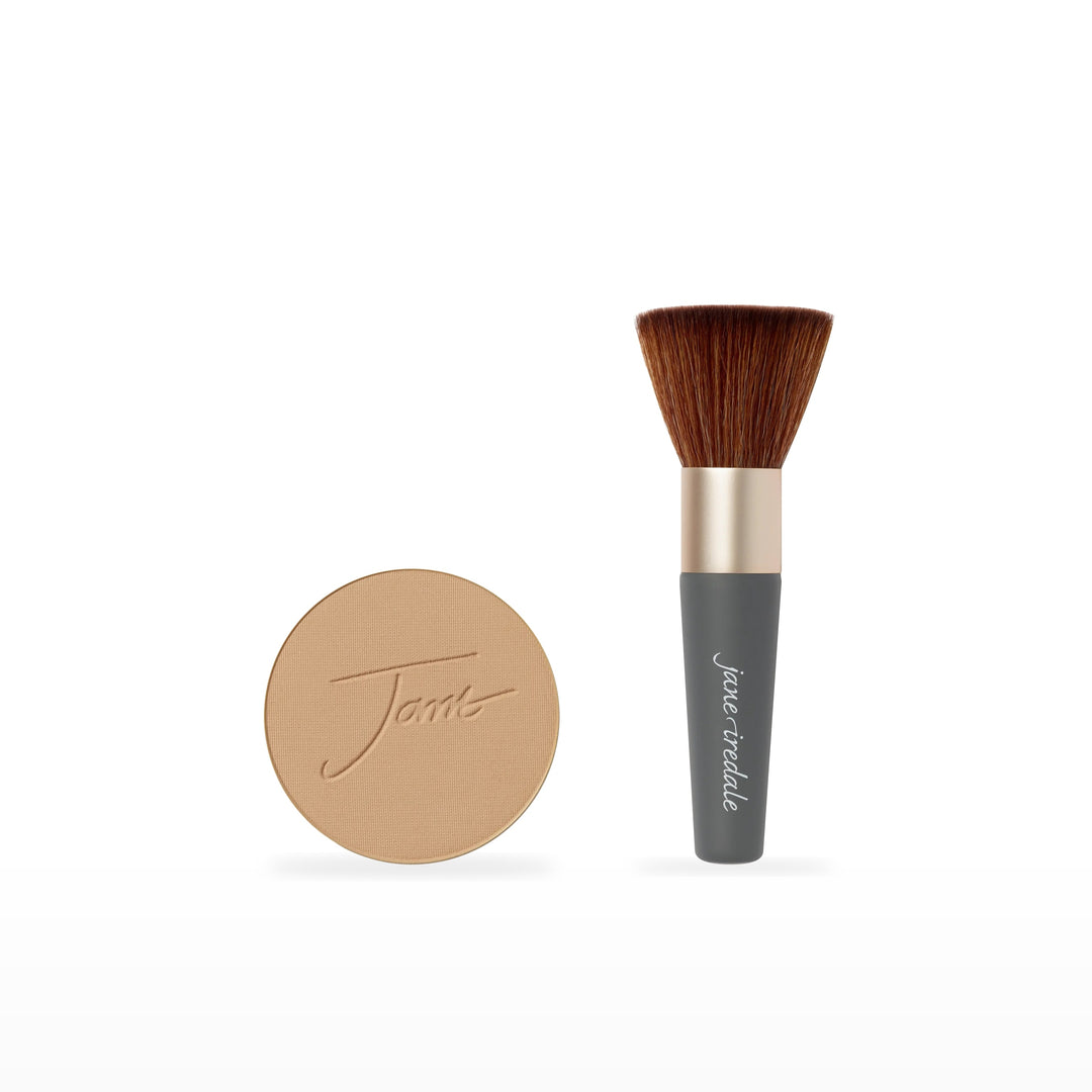 PurePressed Base Refill &amp; The Handi Brush Bundle. Latte - medium/dark with gold brown undertones Ⓥ. Included products grouped on white.