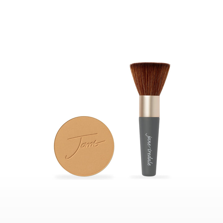 PurePressed Base Refill &amp; The Handi Brush Bundle. Golden Tan - medium dark with gold/peach undertones Ⓥ. Included products grouped on white.