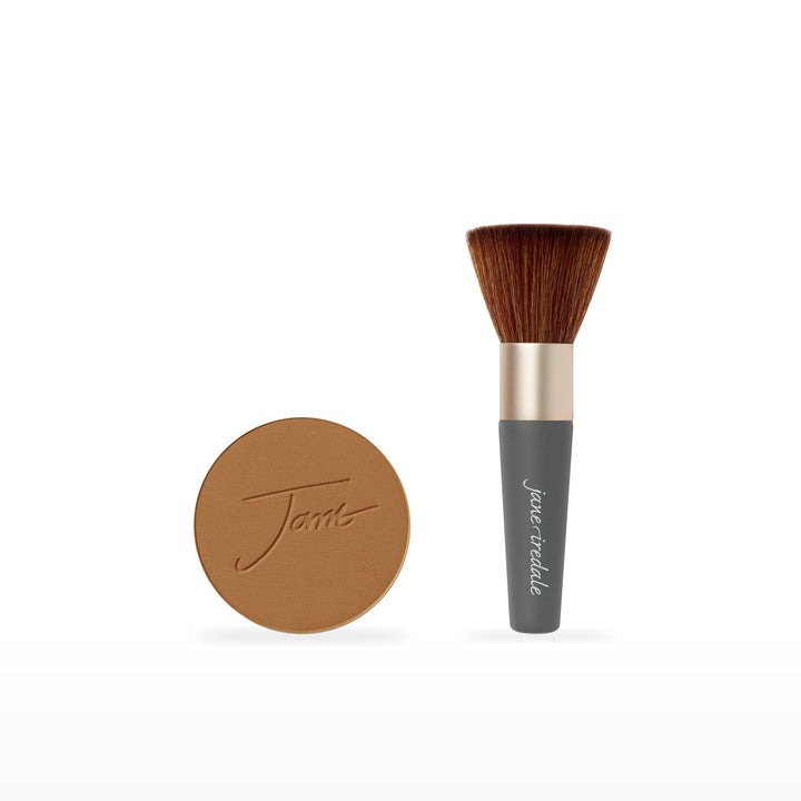PurePressed Base Refill &amp; The Handi Brush Bundle. Cognac - deep with amber undertones Ⓥ. Included products grouped on white.