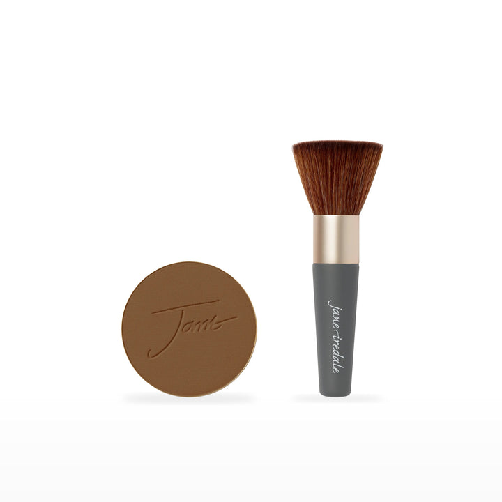 PurePressed Base Refill &amp; The Handi Brush Bundle. Mahogany - dark with neutral brown undertones Ⓥ. Included products grouped on white.