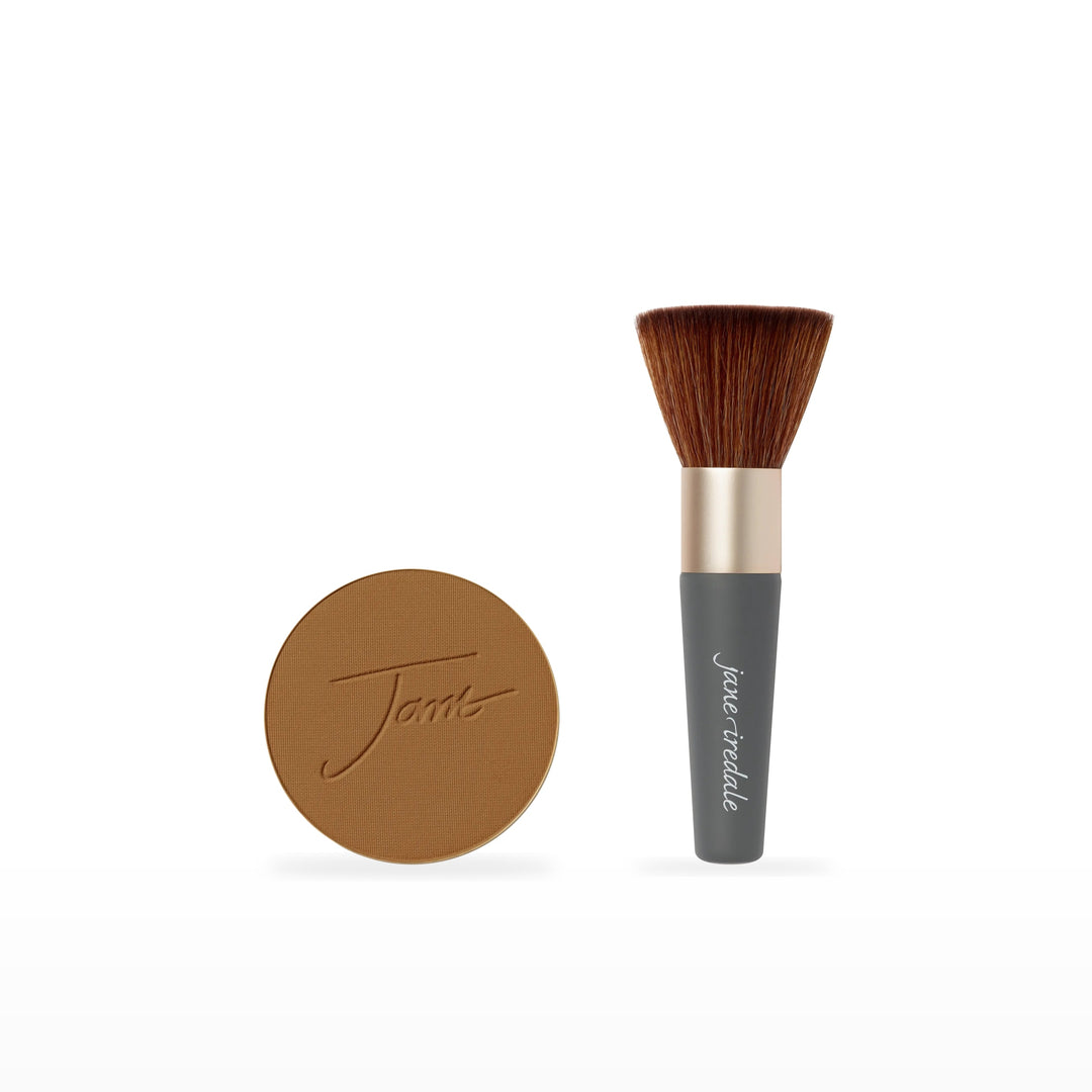 PurePressed Base Refill &amp; The Handi Brush Bundle. Bittersweet - dark bronzed brown with gold/peach undertones Ⓥ. Included products grouped on white.
