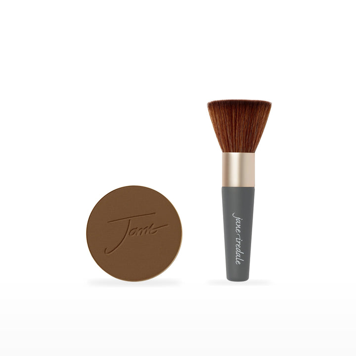 PurePressed Base Refill &amp; The Handi Brush Bundle. Cocoa - deep rich chocolate brown with red/gold undertones Ⓥ. Included products grouped on white.