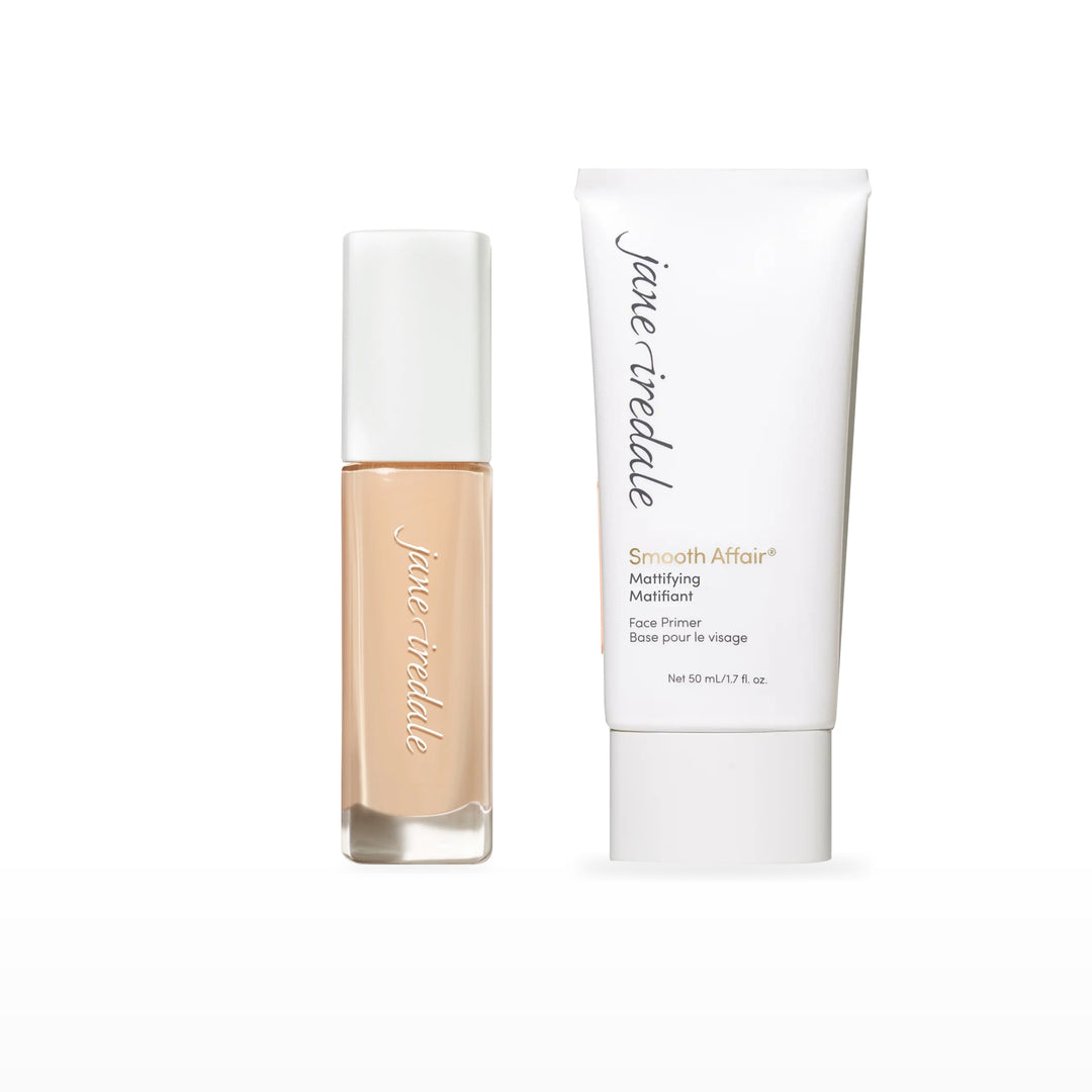 Skintuition Liquid Foundation & Smooth Affair Primer Bundle. 10 Fair - fair with neutral undertones Ⓥ / Mattifying Face Primer Ⓥ. Included products grouped on white.