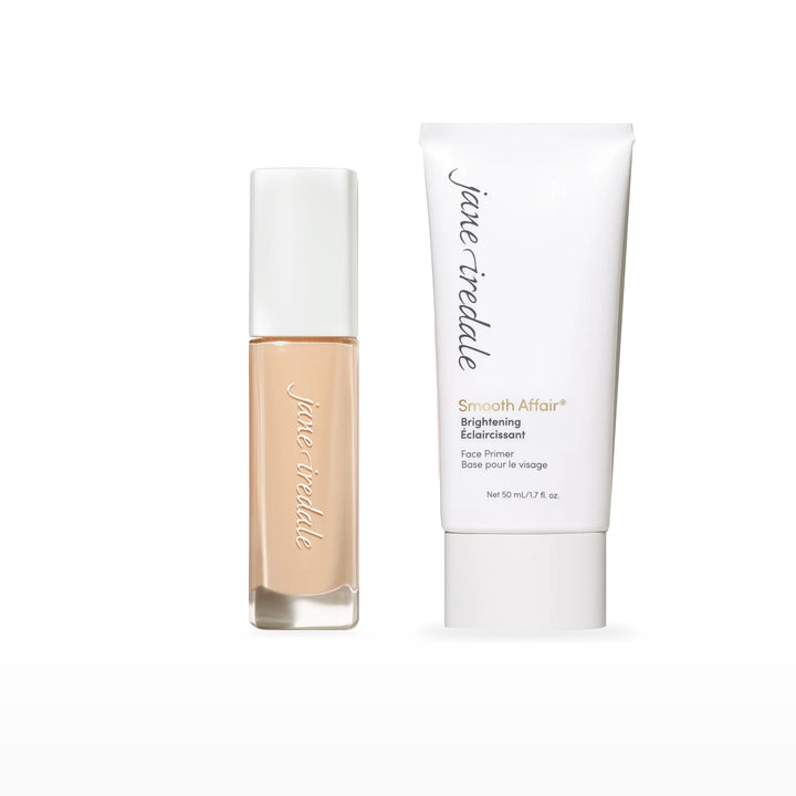 Skintuition Liquid Foundation &amp; Smooth Affair Primer Bundle. 10 Fair - fair with neutral undertones Ⓥ / Brightening Face Primer. Included products grouped on white.