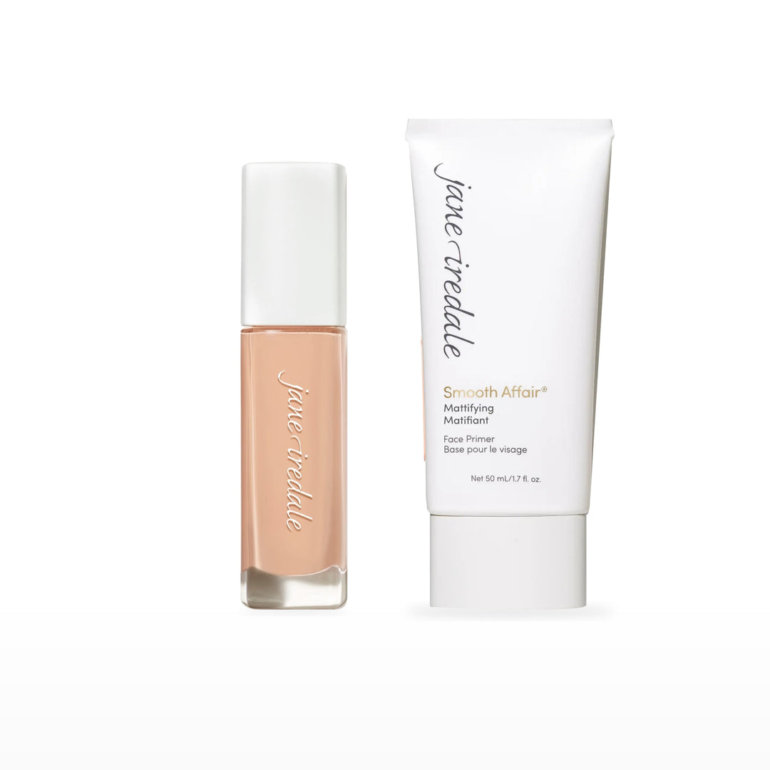 Skintuition Liquid Foundation &amp; Smooth Affair Primer Bundle. 14 Fair - fair with cool pink undertones Ⓥ / Mattifying Face Primer Ⓥ. Included products grouped on white.
