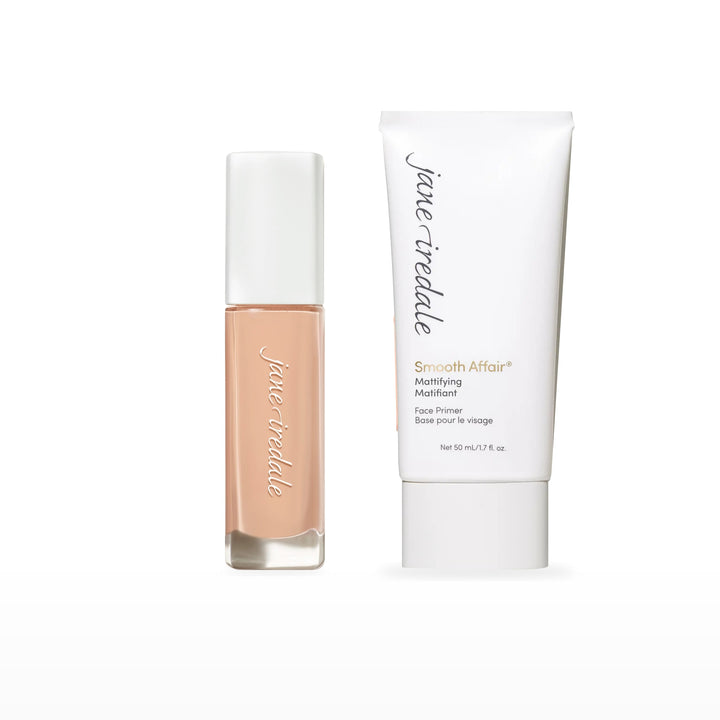 Skintuition Liquid Foundation &amp; Smooth Affair Primer Bundle. 14 Fair - fair with cool pink undertones Ⓥ / Mattifying Face Primer Ⓥ. Included products grouped on white.