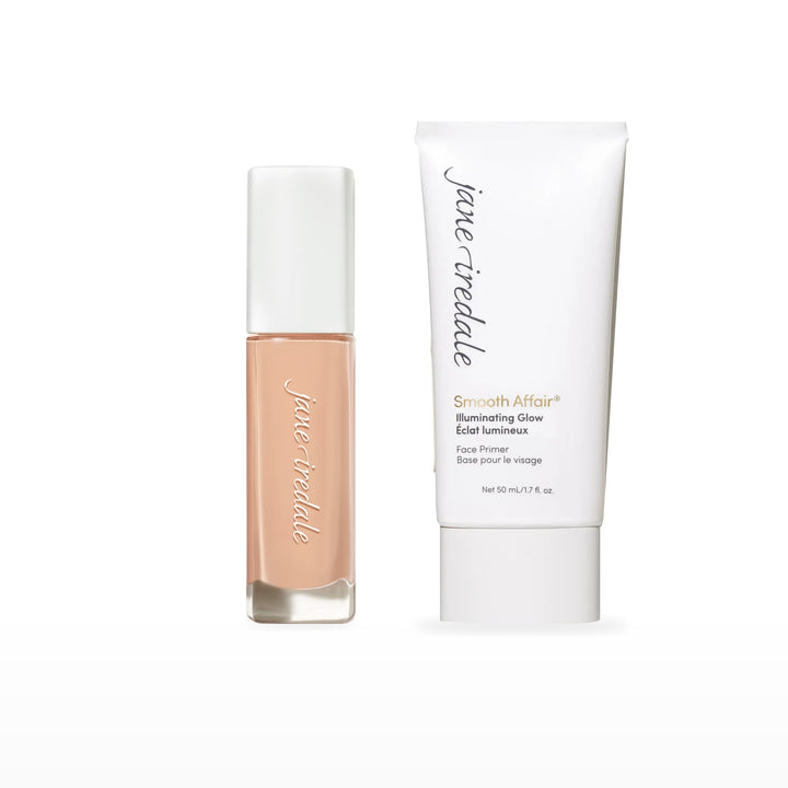 Skintuition Liquid Foundation &amp; Smooth Affair Primer Bundle. 14 Fair - fair with cool pink undertones Ⓥ / Illuminating Glow Face Primer Ⓥ. Included products grouped on white.
