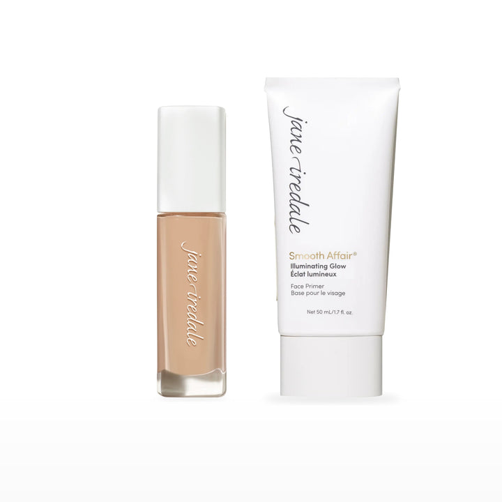 Skintuition Liquid Foundation &amp; Smooth Affair Primer Bundle. 20 Light - light with cool pink undertones Ⓥ / Illuminating Glow Face Primer Ⓥ. Included products grouped on white.