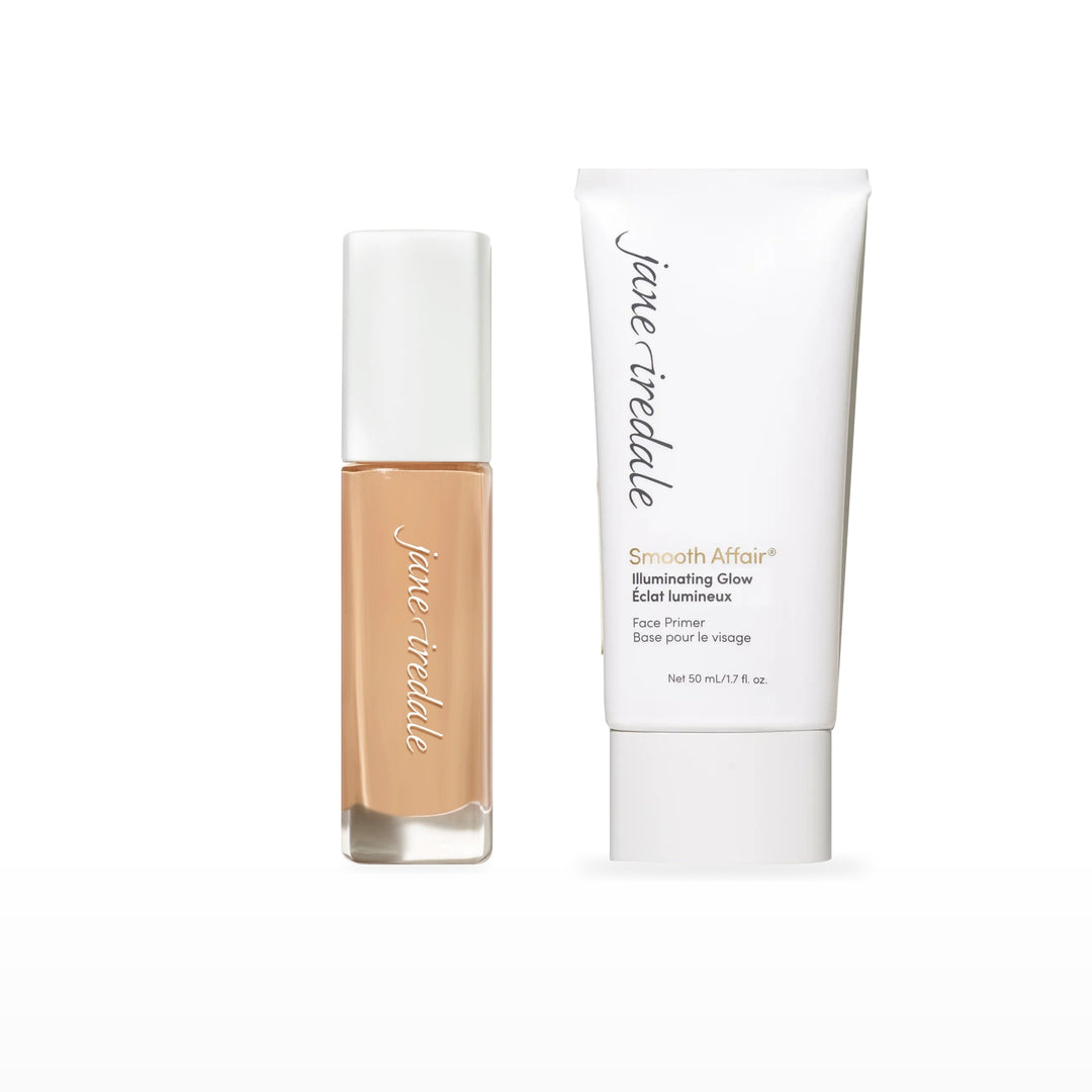 Skintuition Liquid Foundation &amp; Smooth Affair Primer Bundle. 24 Light - light with warm yellow undertones Ⓥ / Illuminating Glow Face Primer Ⓥ. Included products grouped on white.