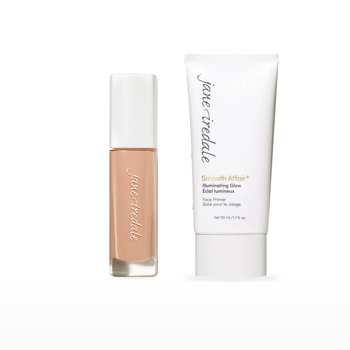 Skintuition Liquid Foundation &amp; Smooth Affair Primer Bundle. 26 Light - light with cool pink undertones Ⓥ / Illuminating Glow Face Primer Ⓥ. Included products grouped on white.