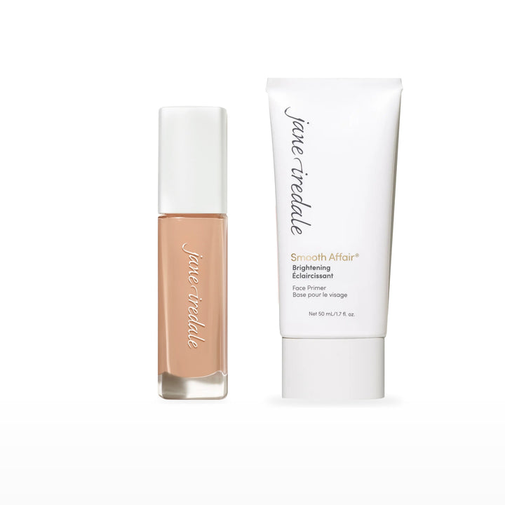 Skintuition Liquid Foundation &amp; Smooth Affair Primer Bundle. 26 Light - light with cool pink undertones Ⓥ / Brightening Face Primer. Included products grouped on white.