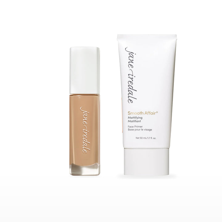 Skintuition Liquid Foundation &amp; Smooth Affair Primer Bundle. 30 Light Medium - light medium with warm peach undertones Ⓥ / Mattifying Face Primer Ⓥ. Included products grouped on white.