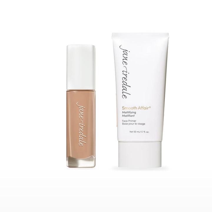 Skintuition Liquid Foundation &amp; Smooth Affair Primer Bundle. 34 Light Medium - light medium with cool pink undertones Ⓥ / Mattifying Face Primer Ⓥ. Included products grouped on white.