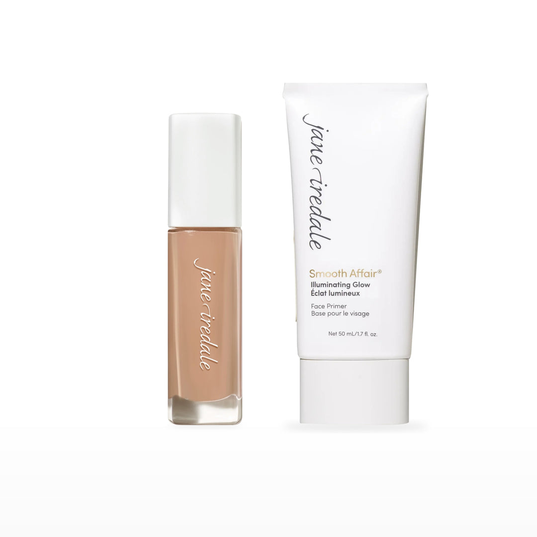 Skintuition Liquid Foundation &amp; Smooth Affair Primer Bundle. 34 Light Medium - light medium with cool pink undertones Ⓥ / Illuminating Glow Face Primer Ⓥ. Included products grouped on white.
