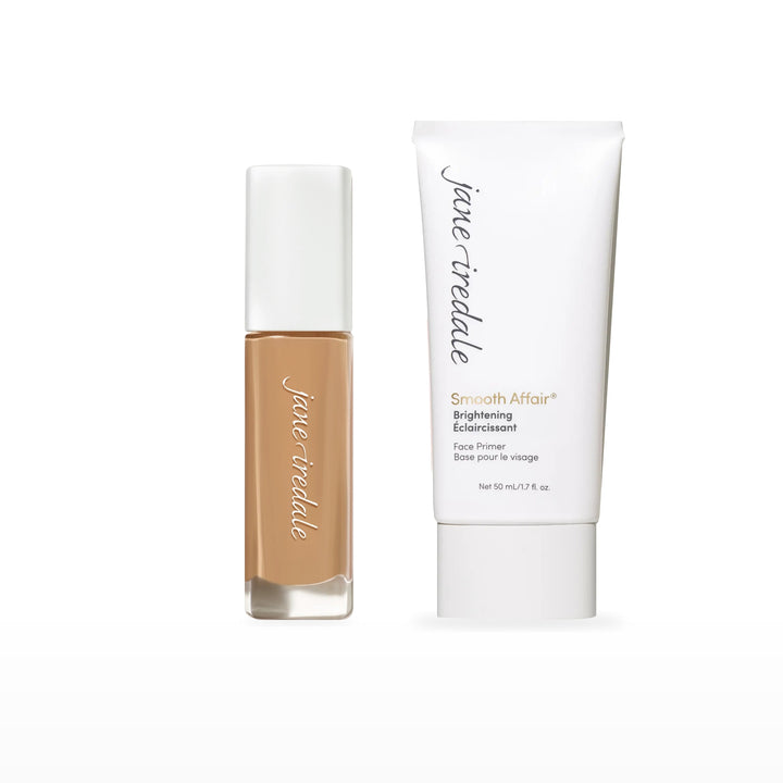 Skintuition Liquid Foundation &amp; Smooth Affair Primer Bundle. 38 Light Medium - light medium with warm gold undertones Ⓥ / Brightening Face Primer. Included products grouped on white.
