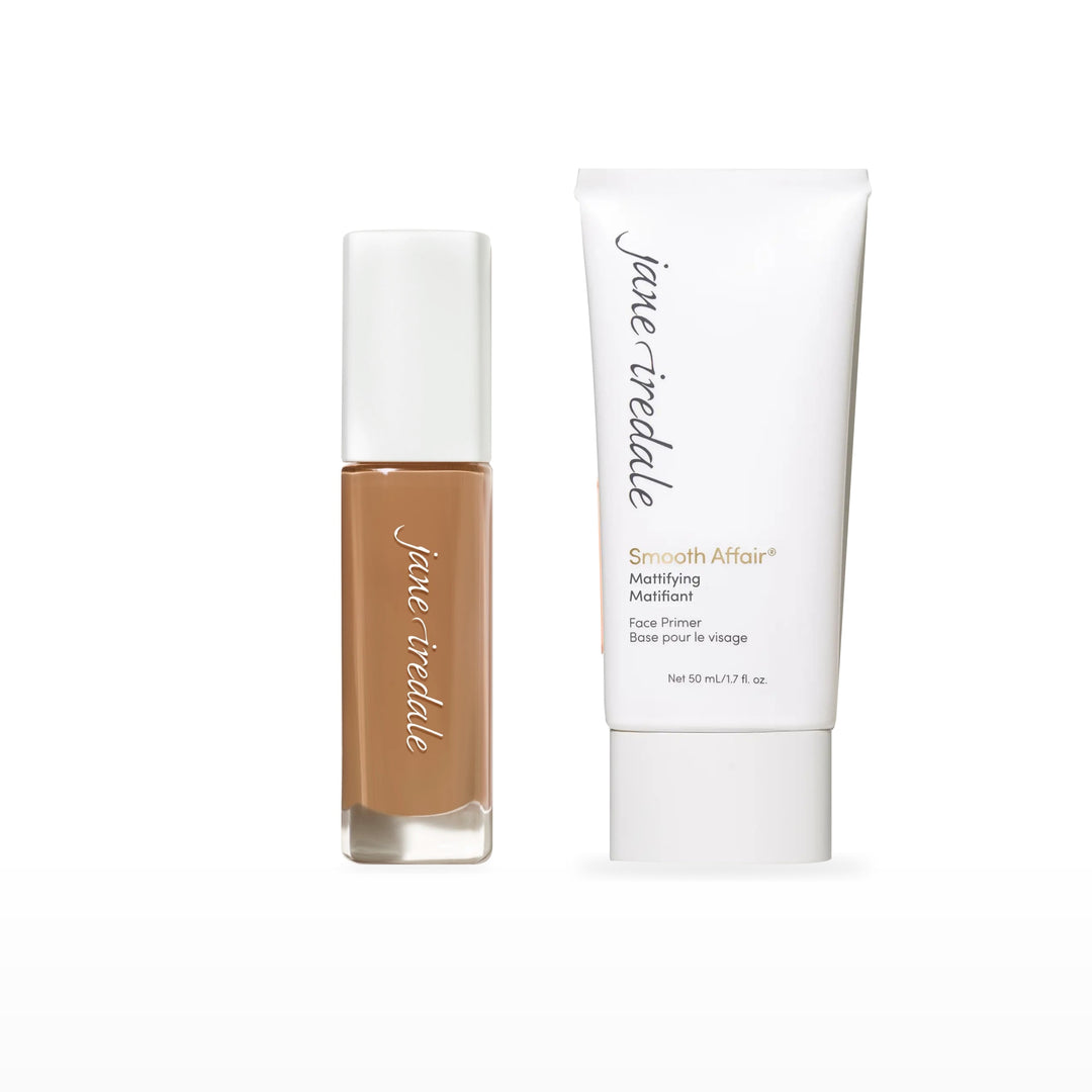 Skintuition Liquid Foundation &amp; Smooth Affair Primer Bundle. 50 Medium Dark - medium dark with warm gold undertones Ⓥ / Mattifying Face Primer Ⓥ. Included products grouped on white.