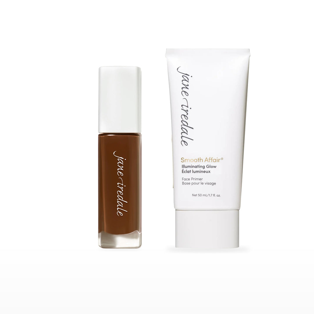 Skintuition Liquid Foundation &amp; Smooth Affair Primer Bundle. 84 Deeper - deeper with neutral undertones Ⓥ / Illuminating Glow Face Primer Ⓥ. Included products grouped on white.