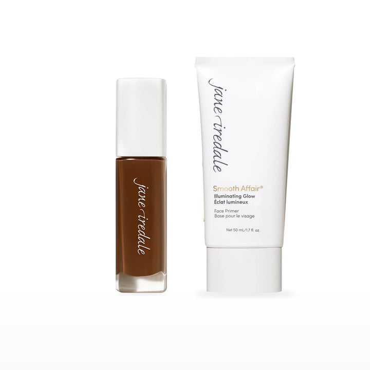 Skintuition Liquid Foundation &amp; Smooth Affair Primer Bundle. 84 Deeper - deeper with neutral undertones Ⓥ / Illuminating Glow Face Primer Ⓥ. Included products grouped on white.