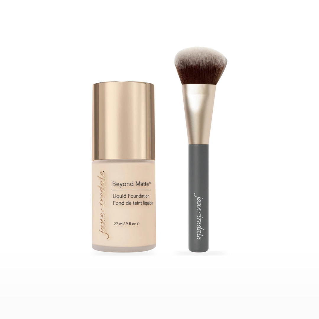 Beyond Matte Liquid Foundation & Multiuse Blending Brush Bundle. M1 - fair neutral Ⓥ. Included products grouped on white.