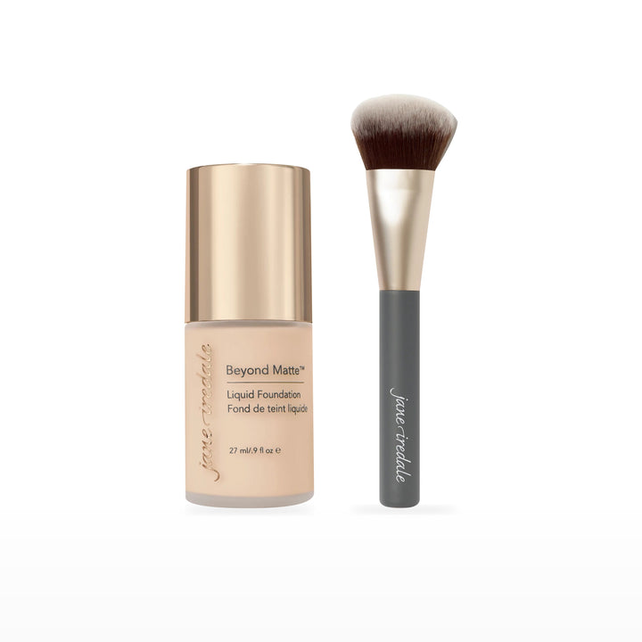 Beyond Matte Liquid Foundation &amp; Multiuse Blending Brush Bundle. M2 - fair to light with peach undertones Ⓥ. Included products grouped on white.