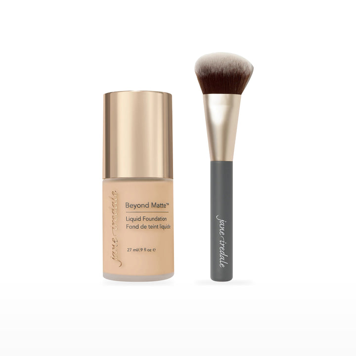 Beyond Matte Liquid Foundation &amp; Multiuse Blending Brush Bundle. M3 - light to medium with peach undertones Ⓥ. Included products grouped on white.