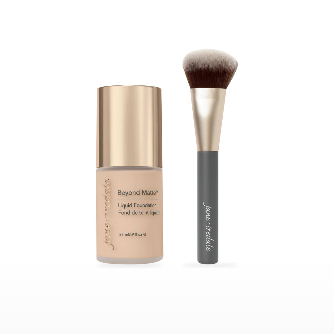 Beyond Matte Liquid Foundation &amp; Multiuse Blending Brush Bundle. M4 - light to medium with neutral undertones Ⓥ. Included products grouped on white.