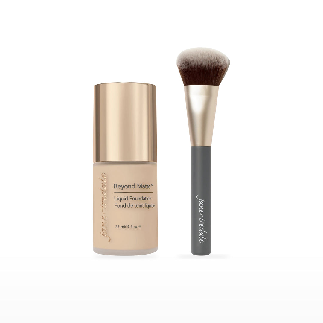 Beyond Matte Liquid Foundation &amp; Multiuse Blending Brush Bundle. M5 - light to medium with gold undertones Ⓥ. Included products grouped on white.
