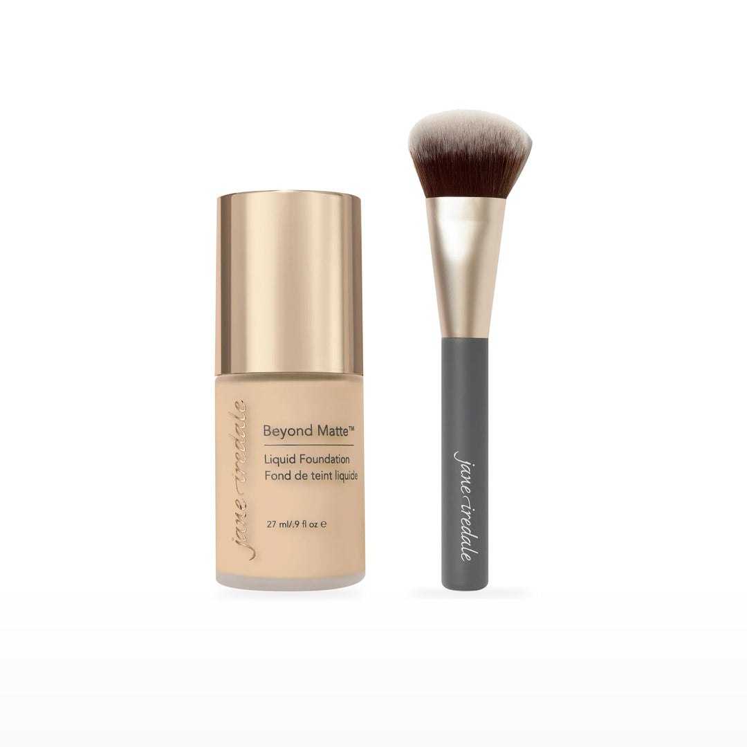Beyond Matte Liquid Foundation &amp; Multiuse Blending Brush Bundle. M6 - medium with peach/gold undertones Ⓥ. Included products grouped on white.