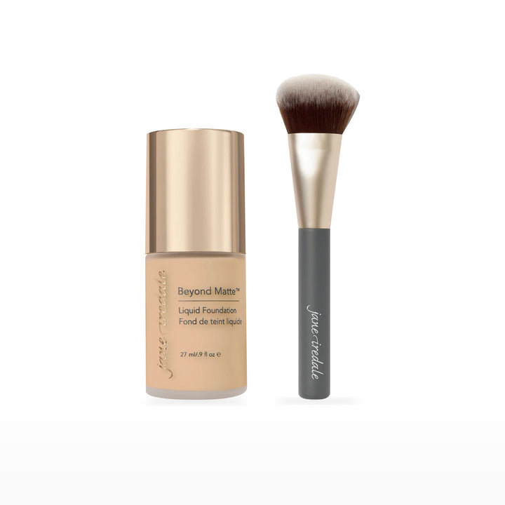 Beyond Matte Liquid Foundation &amp; Multiuse Blending Brush Bundle. M7 - medium with beige gold undertones Ⓥ. Included products grouped on white.
