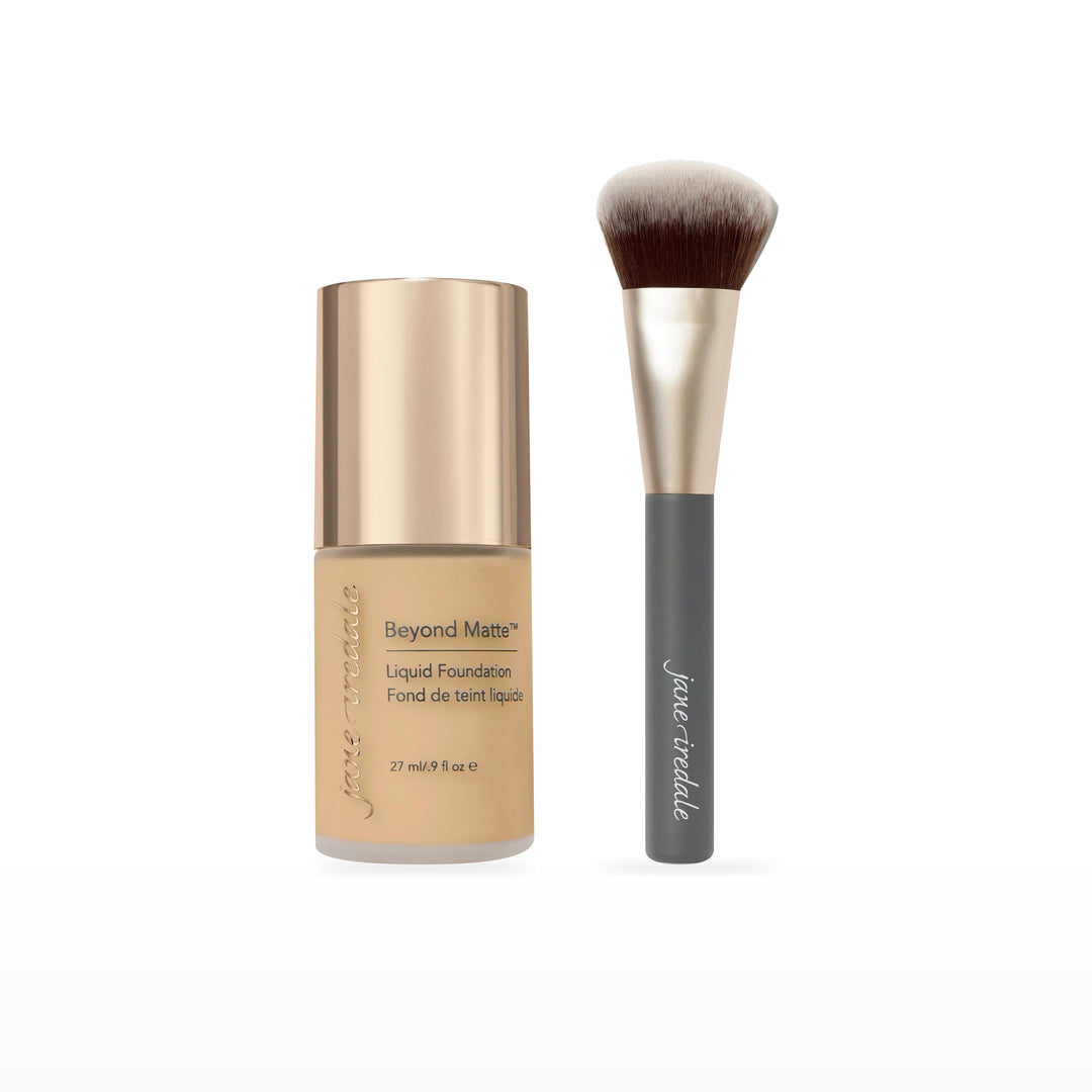 Beyond Matte Liquid Foundation &amp; Multiuse Blending Brush Bundle. M8 - medium neutral Ⓥ. Included products grouped on white.