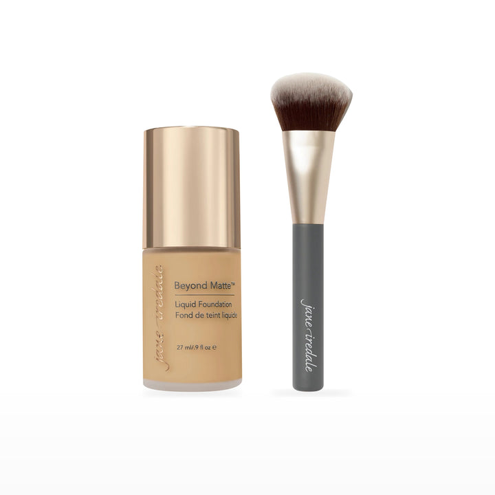 Beyond Matte Liquid Foundation &amp; Multiuse Blending Brush Bundle. M9 - medium to dark with gold/brown undertones Ⓥ. Included products grouped on white.