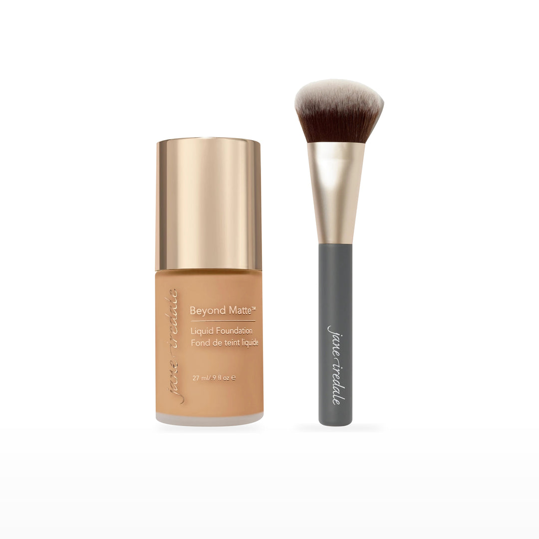 Beyond Matte Liquid Foundation &amp; Multiuse Blending Brush Bundle. M10 - medium to dark with gold/peach/brown undertones Ⓥ. Included products grouped on white.
