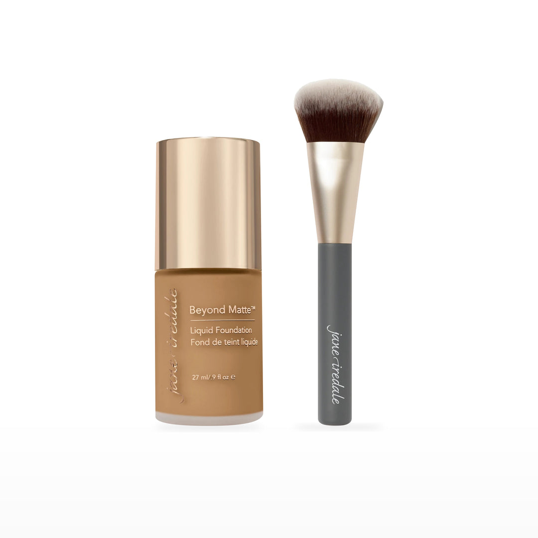 Beyond Matte Liquid Foundation &amp; Multiuse Blending Brush Bundle. M13 - dark with gold/brown undertones Ⓥ. Included products grouped on white.