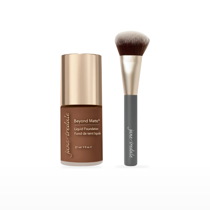 Beyond Matte Liquid Foundation &amp; Multiuse Blending Brush Bundle. M15 - deep brown with sienna undertones Ⓥ. Included products grouped on white.