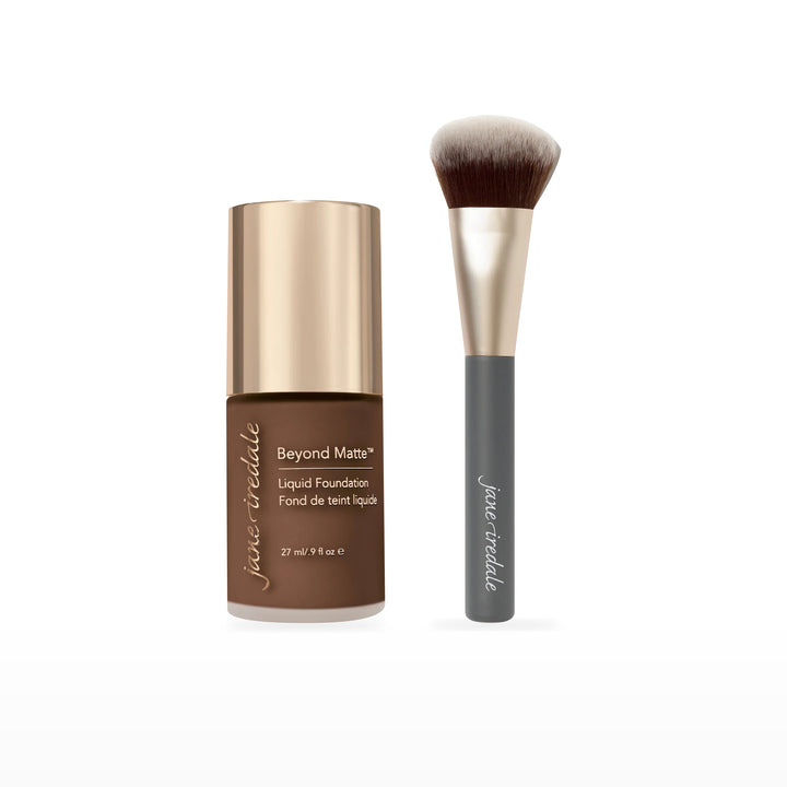 Beyond Matte Liquid Foundation &amp; Multiuse Blending Brush Bundle. M16 - deeper brown with red undertones Ⓥ. Included products grouped on white.