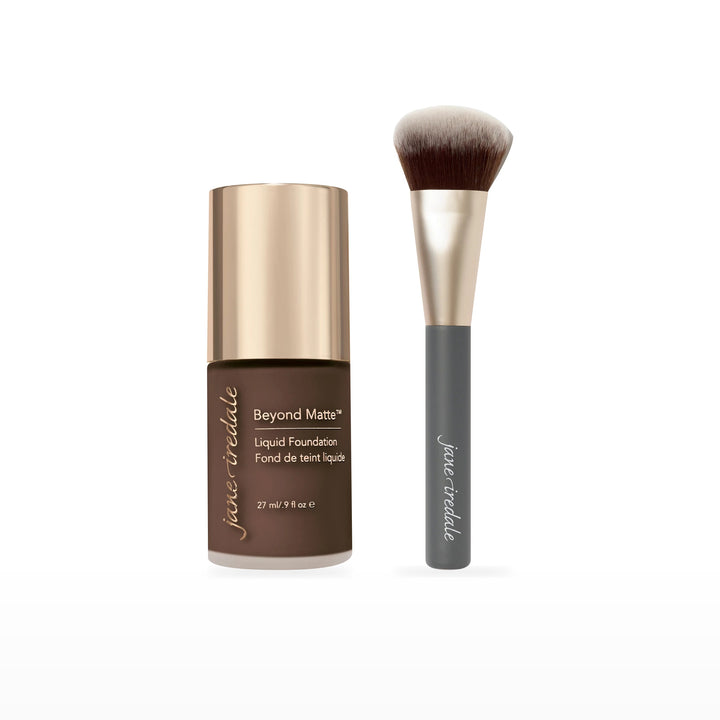 Beyond Matte Liquid Foundation &amp; Multiuse Blending Brush Bundle. M17 - deeper chocolate brown with red undertones Ⓥ. Included products grouped on white.