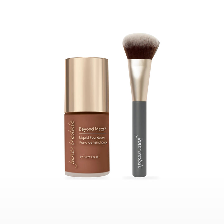 Beyond Matte Liquid Foundation &amp; Multiuse Blending Brush Bundle. M18 - deeper rich brown with neutral undertones Ⓥ. Included products grouped on white.