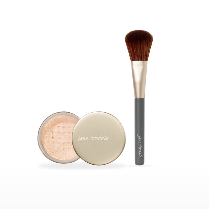 Amazing Base Loose Mineral Powder &amp; Powder Complexion Brush Bundle. Ivory - fair with neutral undertones Ⓥ. Included products grouped on white.