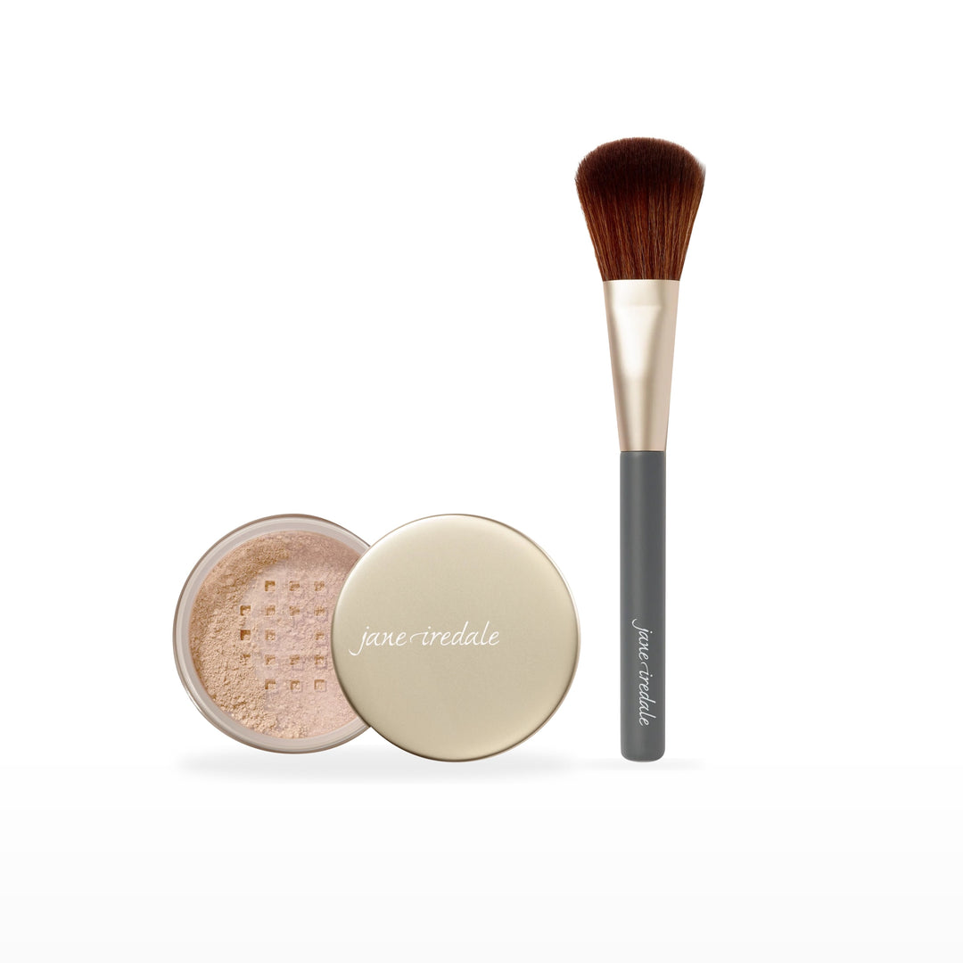 Amazing Base Loose Mineral Powder &amp; Powder Complexion Brush Bundle. Light Beige - light with pink/beige undertones Ⓥ. Included products grouped on white.