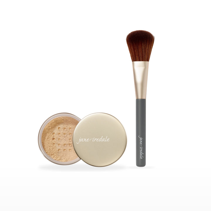 Amazing Base Loose Mineral Powder &amp; Powder Complexion Brush Bundle. Warm Silk - light with gold undertones Ⓥ. Included products grouped on white.